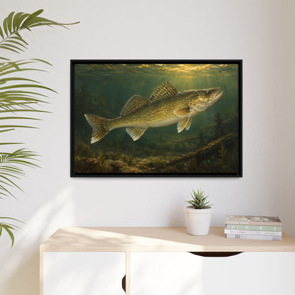 Classic Sporting Oil Walleye framed canvas hanging in a living room
