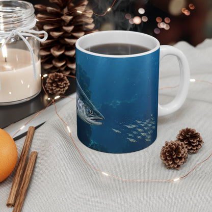 Autumn Glacier Run Salmon fishing coffee mug on a table