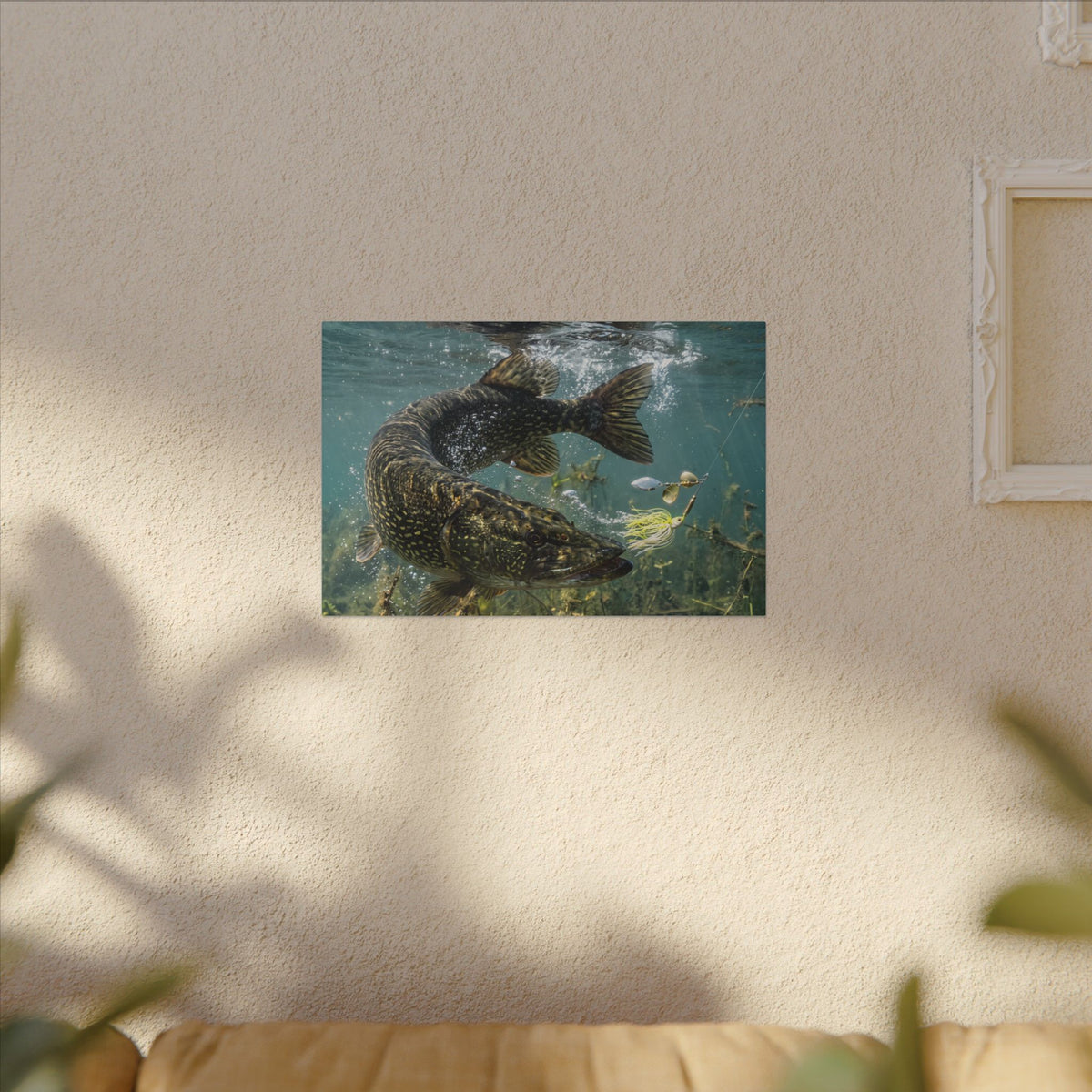 Northern Pike Turning Strike Canvas — Action Wall Art for Anglers