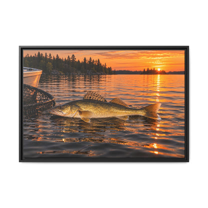 Boatside Golden Hour Walleye framed canvas, 18x12 size view