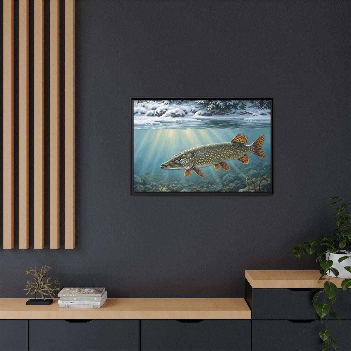 First Snow Northern Pike framed canvas in a home office