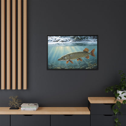 First Snow Northern Pike framed canvas in a home office