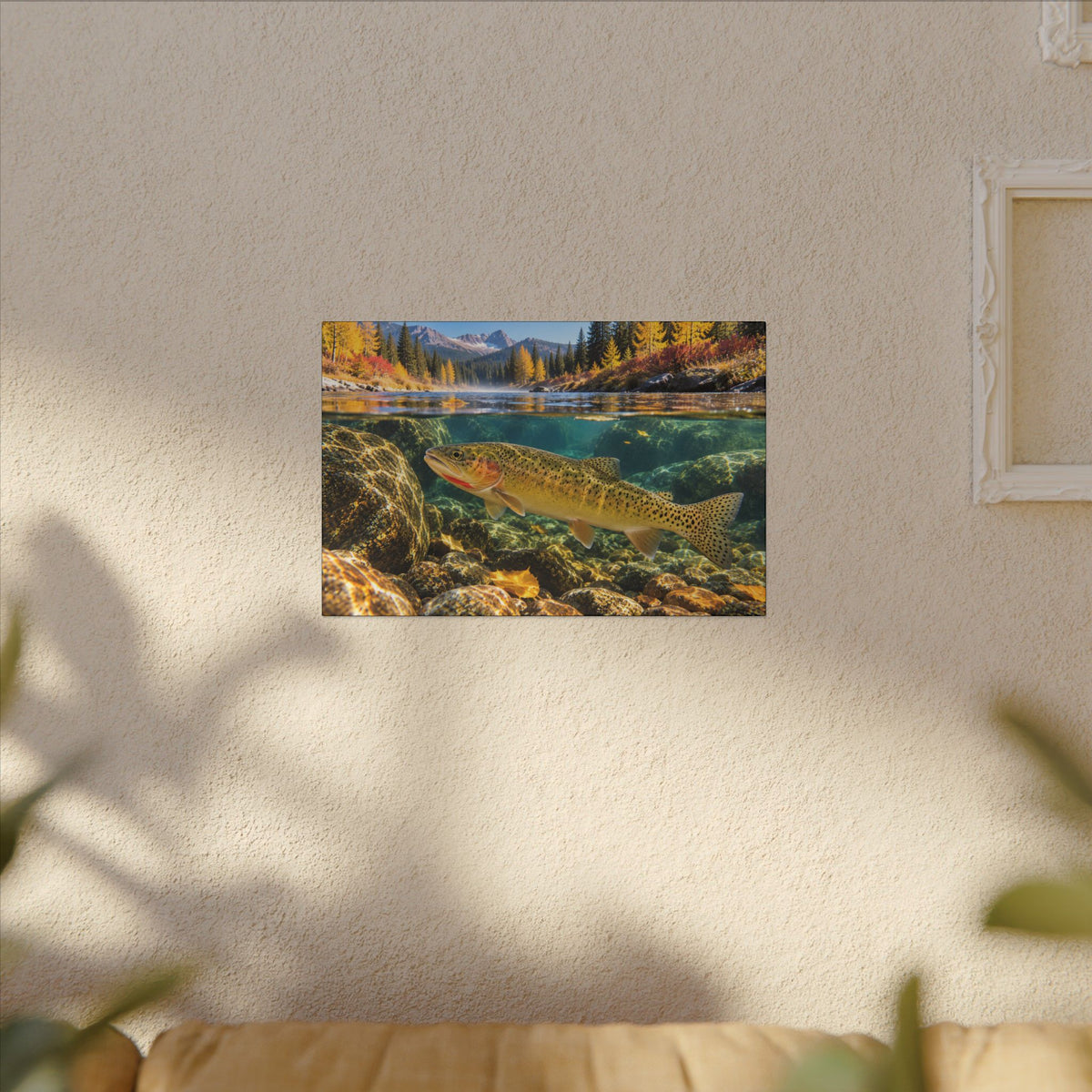 St. Joe Autumn Cutthroat Trout canvas hanging in a living room