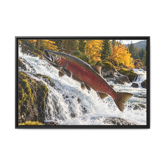 Autumn Run Leap Coho Salmon framed canvas, 36x24 size view