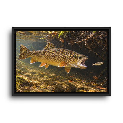 Grassy Bank Strike Tiger Trout framed canvas wall art, view 2