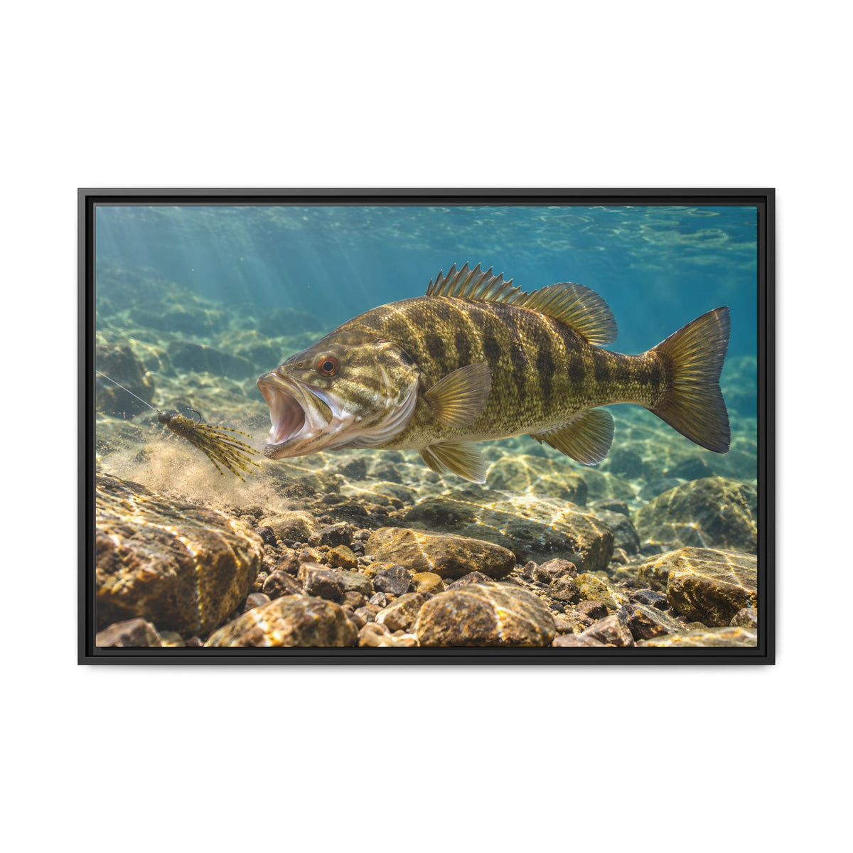 Gills flared, a smallmouth bass lunges at a tube bait on a rocky bottom, fishing wall art framed canvas