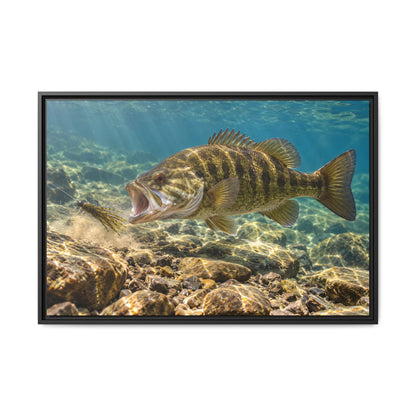Gills flared, a smallmouth bass lunges at a tube bait on a rocky bottom, fishing wall art framed canvas