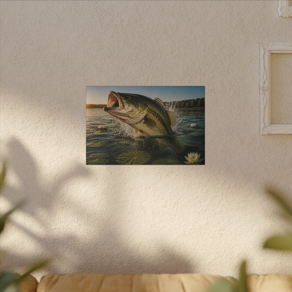 Lily Pad Explosion Largemouth Bass canvas hanging in a living room