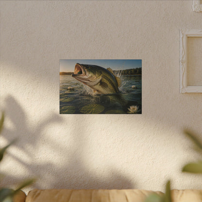 Lily Pad Explosion Largemouth Bass canvas hanging in a living room