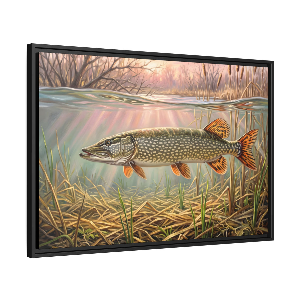 Flooded Marsh Northern Pike framed canvas, side angle