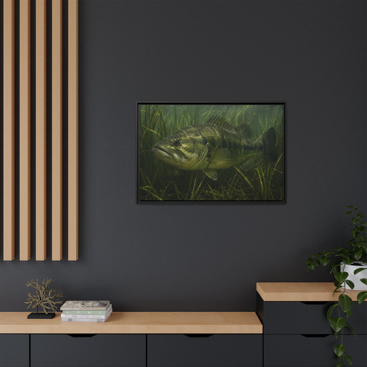 Grass Bed Ambush Largemouth Bass framed canvas in a home office