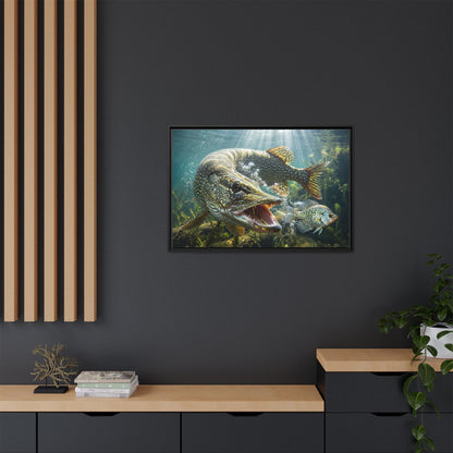 Northern Pike Predator Strike Framed Canvas — Ready-to-Hang Wall Art for Anglers