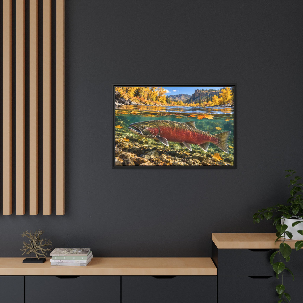 Clearwater Fall Coho Salmon framed canvas in a home office