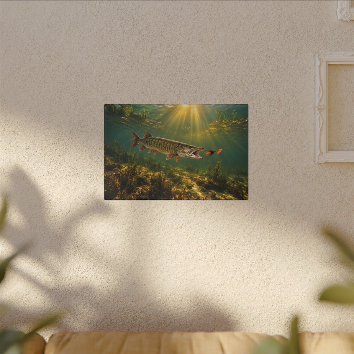 Bucktail Strike Muskie canvas hanging in a living room