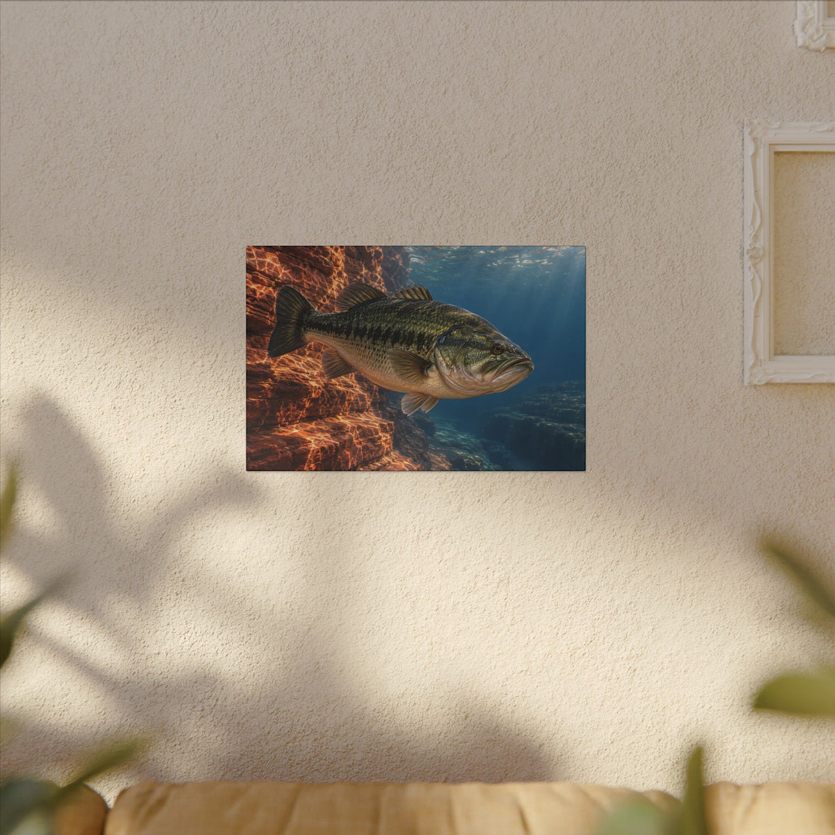 Rust-Red Canyon Glow Largemouth Bass canvas hanging in a living room