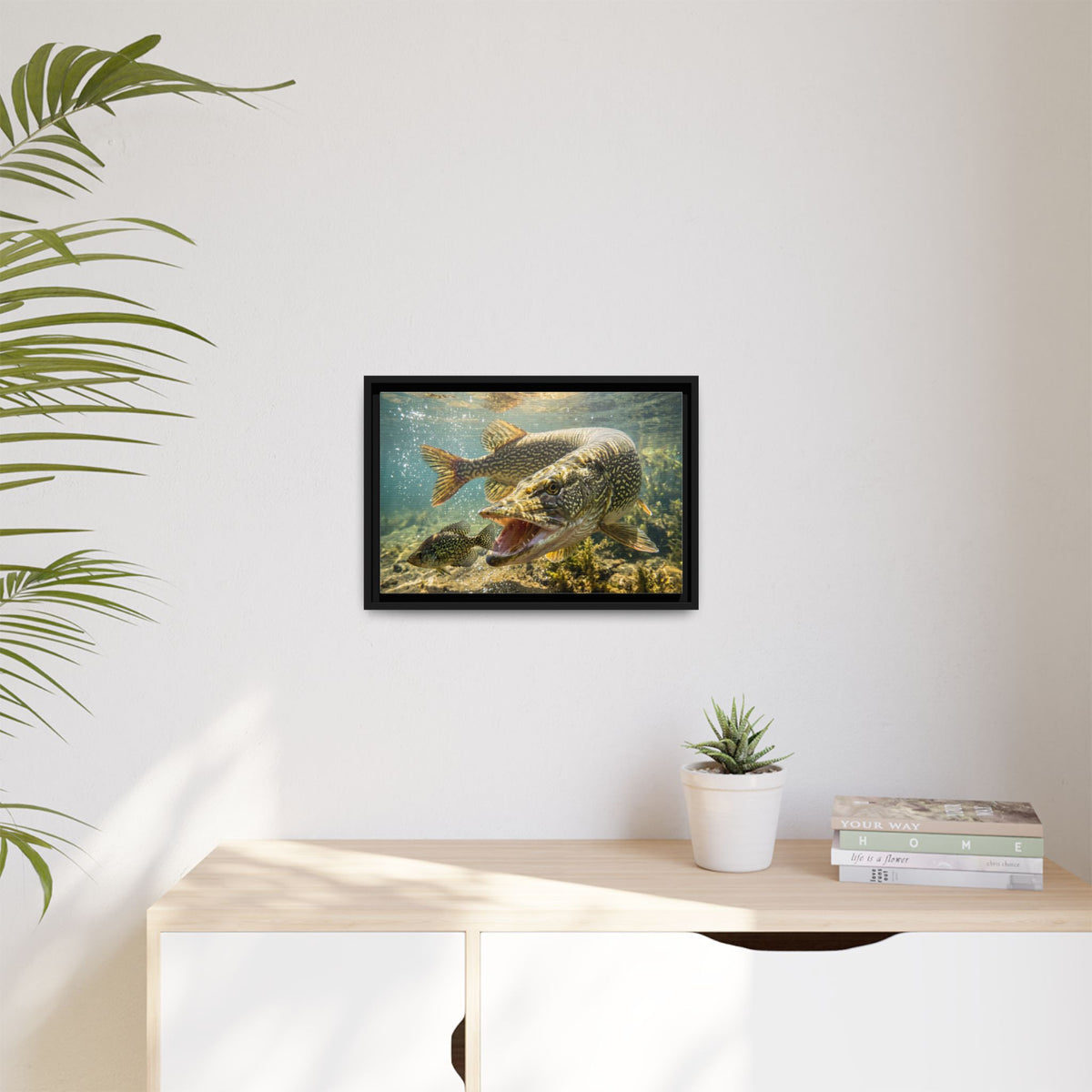 Northern Pike Crappie Chase Framed Canvas — Ready-to-Hang Wall Art for Anglers