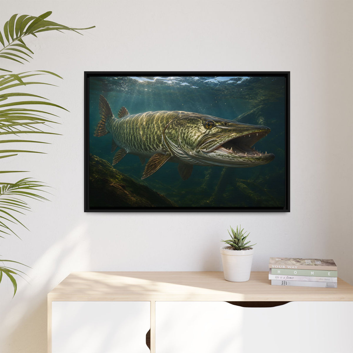 The River King Muskie framed canvas hanging in a living room
