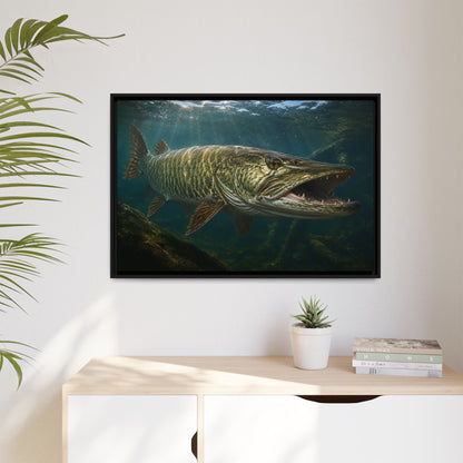 The River King Muskie framed canvas hanging in a living room