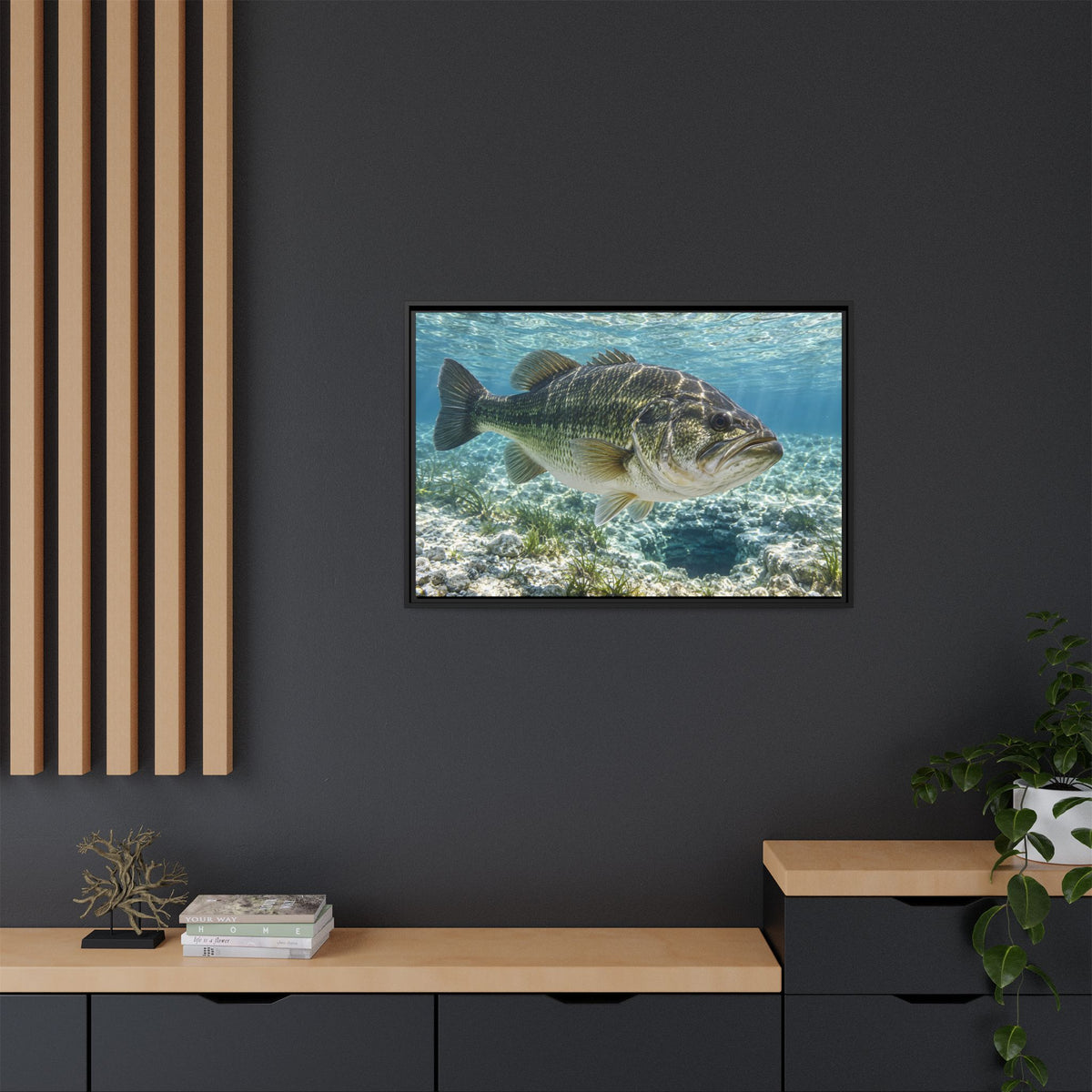 Crystal Spring Passage Largemouth Bass framed canvas in a home office