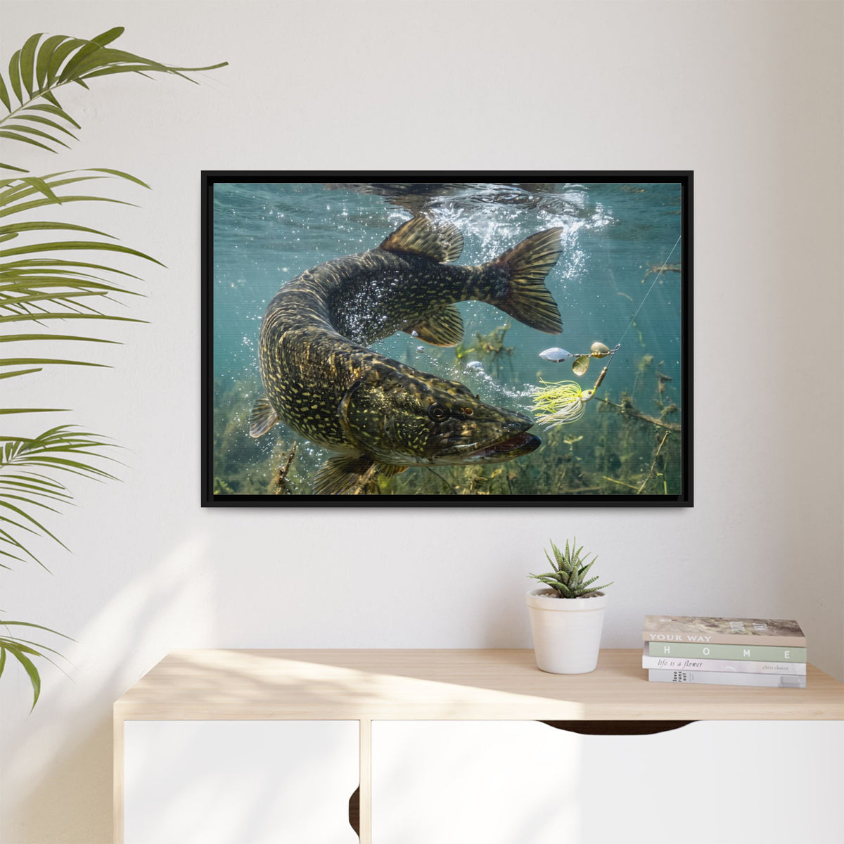 Northern Pike Turning Strike Framed Canvas — Ready-to-Hang Wall Art for Anglers