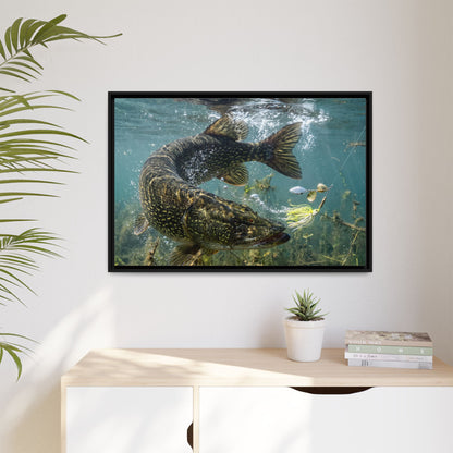 Northern Pike Turning Strike Framed Canvas — Ready-to-Hang Wall Art for Anglers
