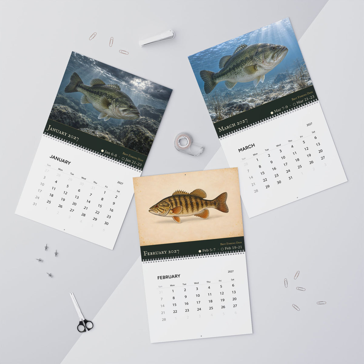 2027 Bass Wall Calendar — Largemouth & Smallmouth Fish Art with Best Fishing Days