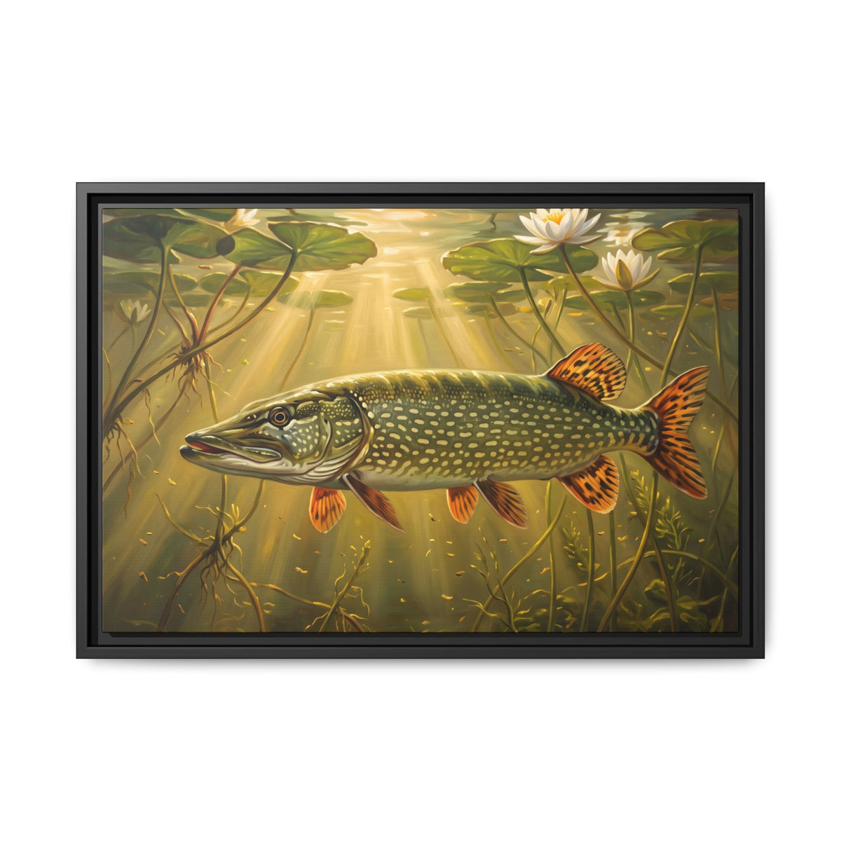 Lily Pad Dawn Northern Pike framed canvas, 36x24 size view