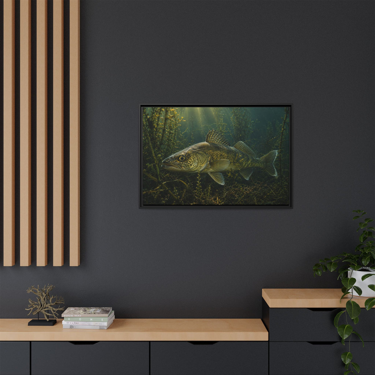 Weed Line Walleye framed canvas in a home office