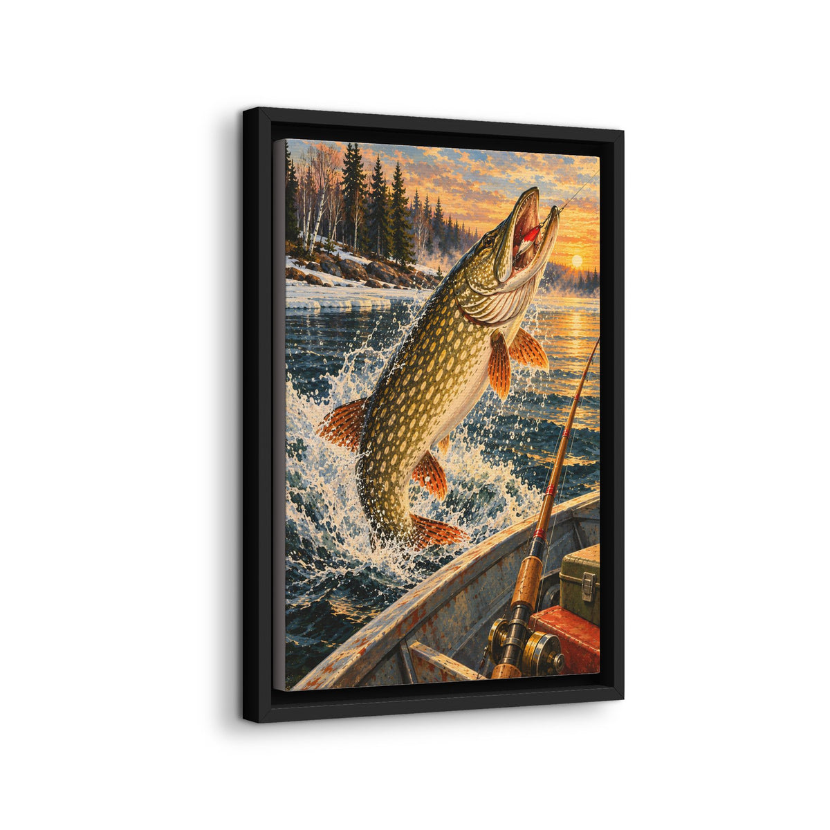 Northern Pike Strike by the Boat framed canvas wall art, view 4
