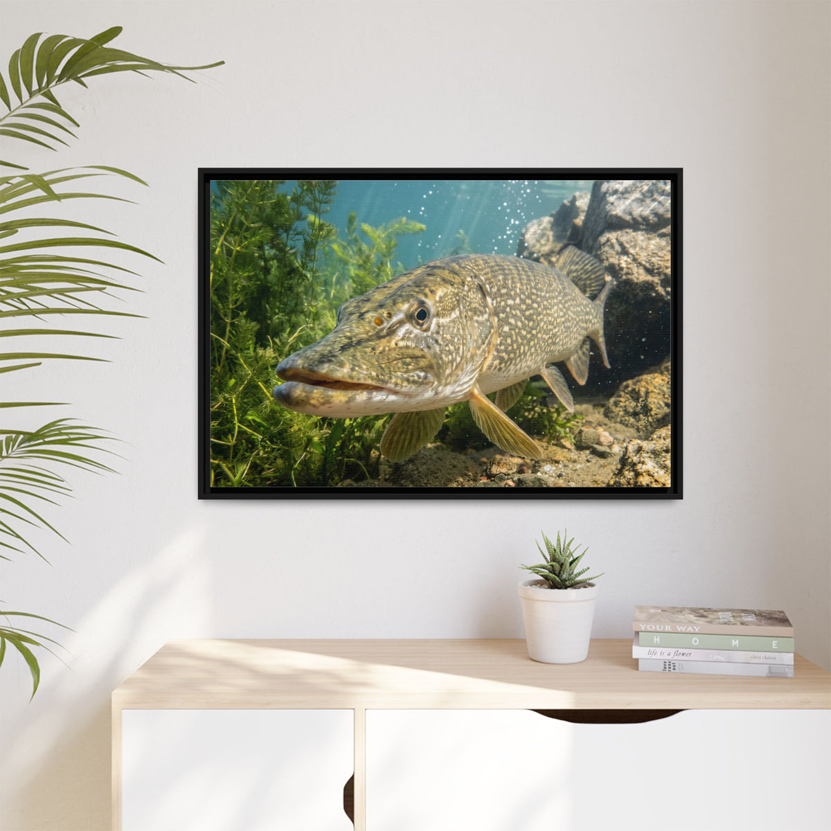 Northern Pike Clear Water Portrait Framed Canvas — Limited Edition Wall Art for Anglers