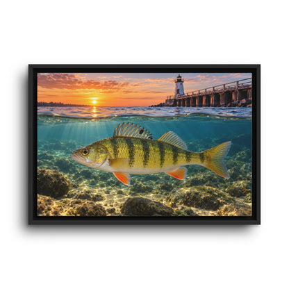 Lighthouse Sunrise Yellow Perch framed canvas wall art, view 2