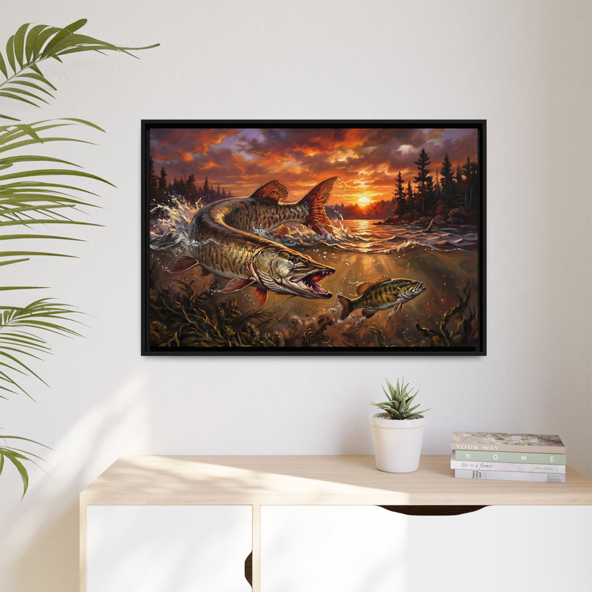 Sunset Muskie framed canvas hanging in a living room