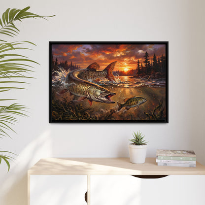 Sunset Muskie framed canvas hanging in a living room