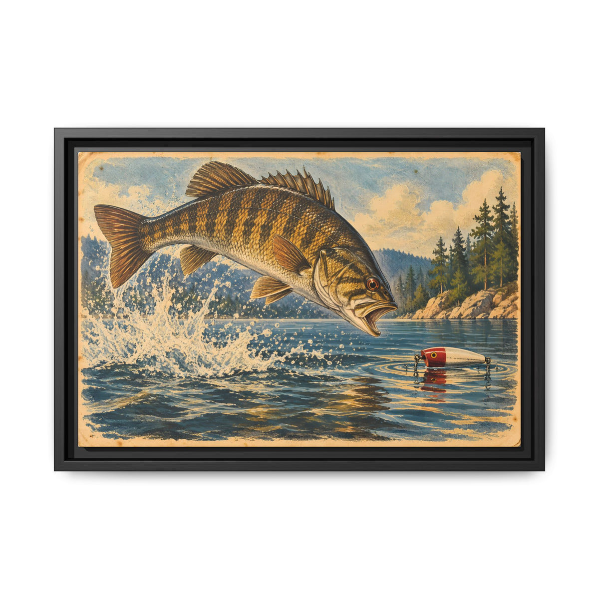 Antique Tackle Leaping Smallmouth Framed Canvas wall art, view 2