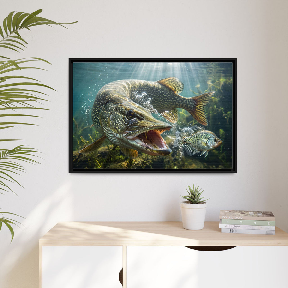 Northern Pike Predator Strike Framed Canvas — Ready-to-Hang Wall Art for Anglers