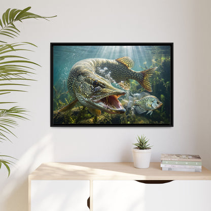 Northern Pike Predator Strike Framed Canvas — Ready-to-Hang Wall Art for Anglers