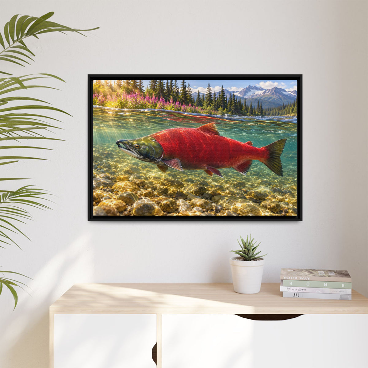 Crimson Run Sockeye Salmon framed canvas hanging in a living room