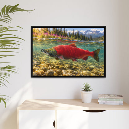 Crimson Run Sockeye Salmon framed canvas hanging in a living room