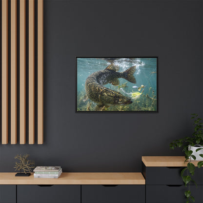 Northern Pike Turning Strike Framed Canvas — Ready-to-Hang Wall Art for Anglers