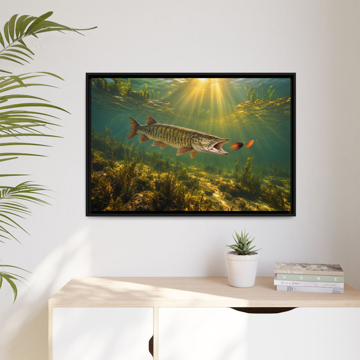 Bucktail Strike Muskie framed canvas hanging in a living room