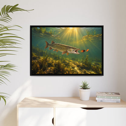 Bucktail Strike Muskie framed canvas hanging in a living room
