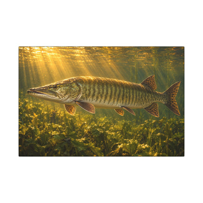 A trophy muskie hangs over cabbage weeds as golden-hour sunbeams pour down, fishing wall art canvas