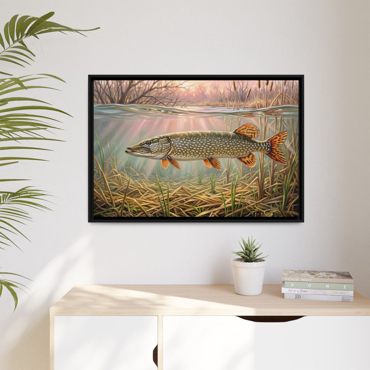 Flooded Marsh Northern Pike framed canvas hanging in a living room