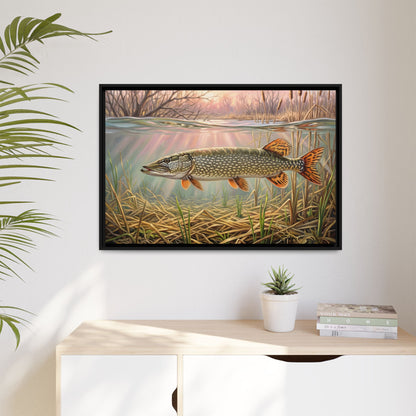 Flooded Marsh Northern Pike framed canvas hanging in a living room