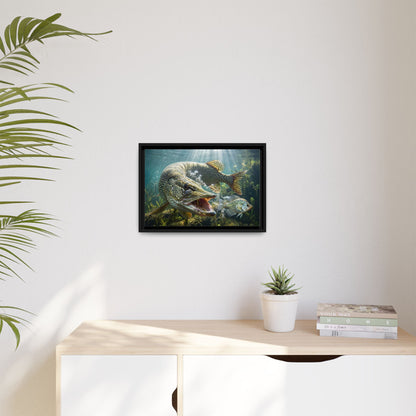 Northern Pike Predator Strike Framed Canvas — Ready-to-Hang Wall Art for Anglers