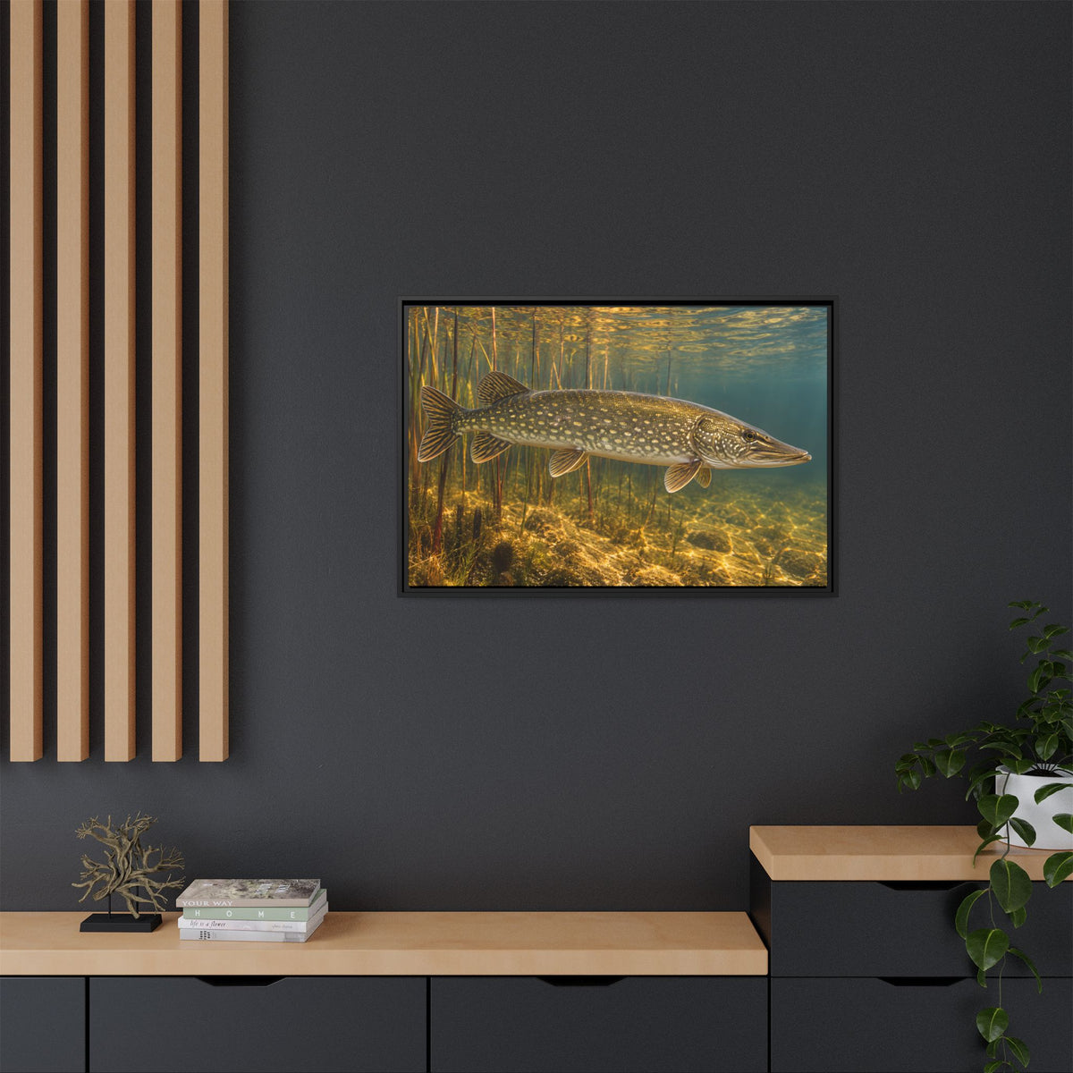 Amber Reed Sentinel Northern Pike framed canvas in a home office