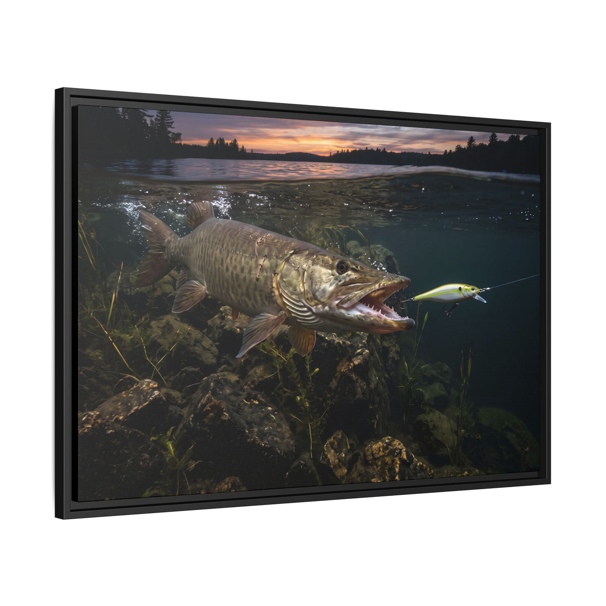 Chartreuse Sunset Jerkbait Strike Muskie framed canvas side angle