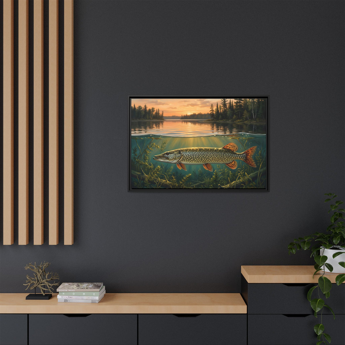 Northwoods Over-Under Northern Pike framed canvas in a home office
