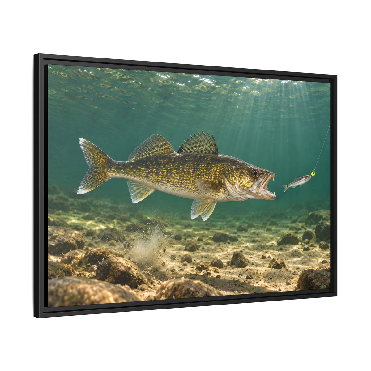 Jig and Minnow Strike Walleye framed canvas side angle