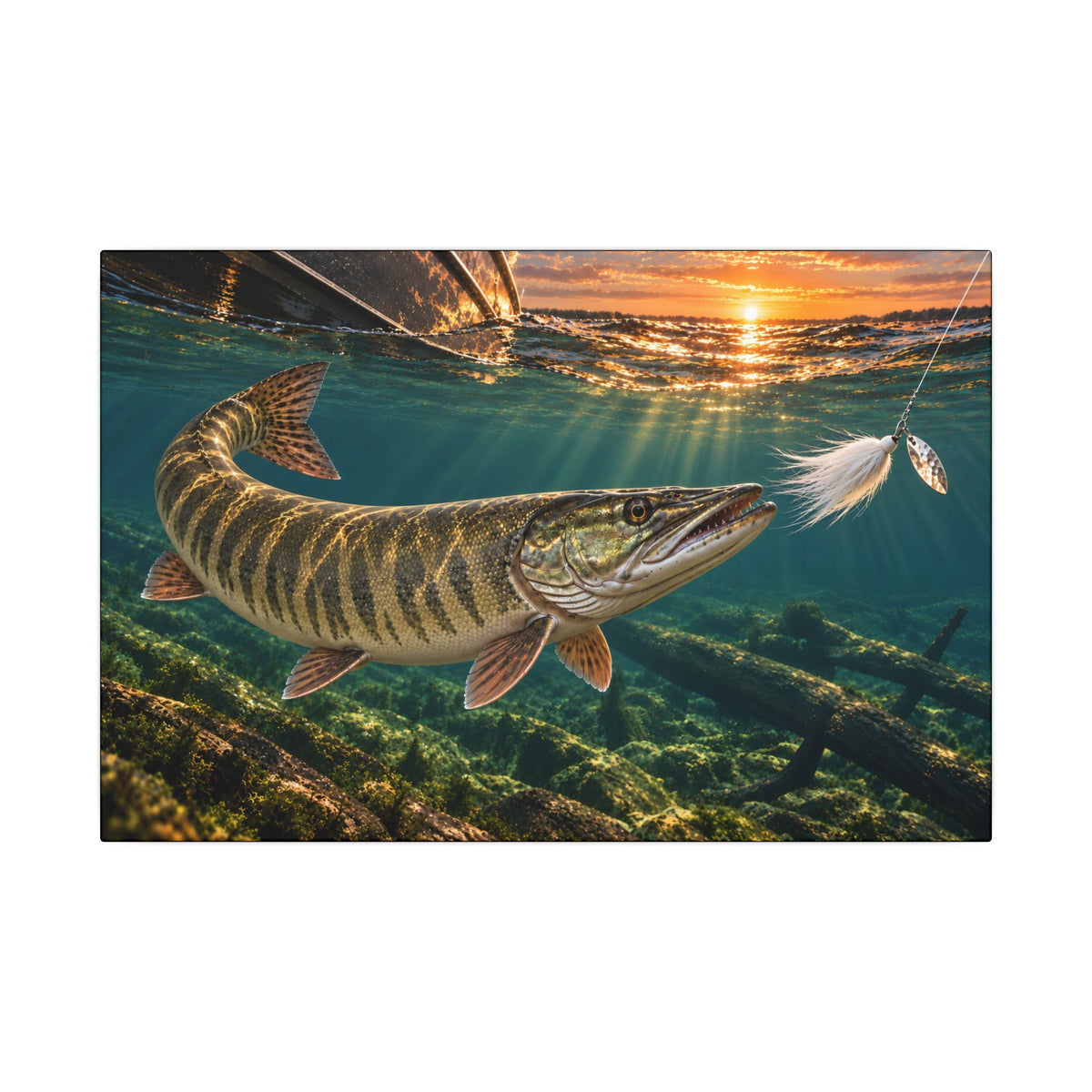 A huge muskie strikes a bucktail at boatside on the figure-eight at sunset, fishing wall art canvas